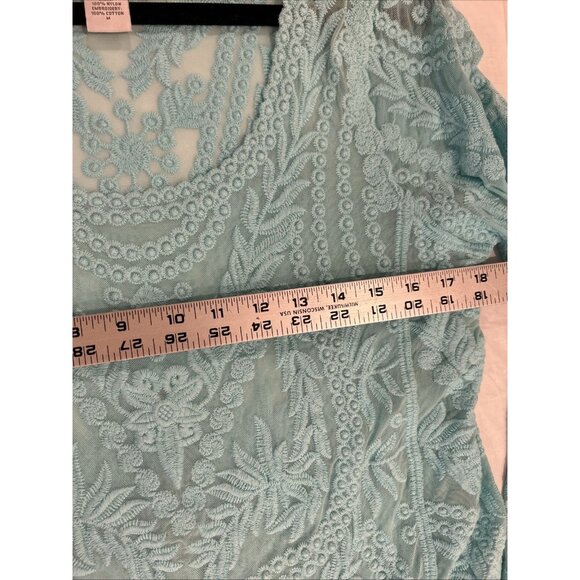 Soft Surroundings‎ Embroidered Floral Lace Sheer Top Blouse Aqua Blue Medium - Picture 6 of 8